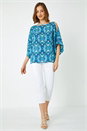 Blue Tile Print Cold Shoulder Top, Image 2 of 5