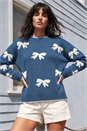 Denim Bow Contrast Stitch Knit Jumper, Image 1 of 4