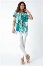Green Patchwork Print Woven V-Neck Pleat Front Top, Image 2 of 5