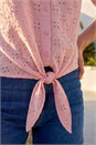Pink V-Neck Broderie Stretch Jersey Tie Front Top, Image 4 of 4