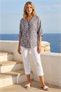 Grey Printed Zip Front V-Neck Stretch Top, Image 2 of 4