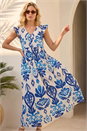 Navy Abstract Print Frill Detail Midi Dress , Image 1 of 4