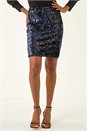 Midnight Blue Sequin Embellished Velour Stretch Skirt, Image 4 of 7