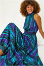 Purple Printed Halter Neck Pleat Shirred Midi Dress, Image 1 of 5