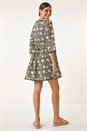 Black Floral Frill Buttoned Smock Dress, Image 3 of 5
