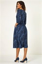 Blue Animal Print Mock Wrap Midi Dress, Image 3 of 5