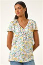 White Floral Print Ruffle V-Neck Top, Image 4 of 5