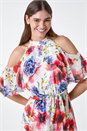 Ivory  Poppy Floral Frill Halter Neck Dress, Image 4 of 5