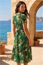 Green Tropical Leaf Print V-Neck Midi Dress, Image 3 of 4
