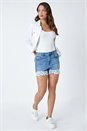 Denim Lace Detail Denim Stretch Shorts, Image 2 of 5