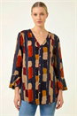 Navy  Abstract Print Buttoned Blouse, Image 3 of 4