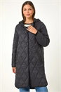 Black Iridescent Diamond Quilted Hooded Coat, Image 7 of 7