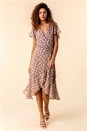 Taupe Polka Dot Frilled Hem Wrap Dress, Image 3 of 4