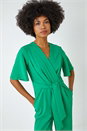 Green Angel Sleeve Cropped Wrap Jumpsuit, Image 5 of 6