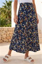 Navy Ditsy Floral Print Elastic Waist Midi Skirt, Image 1 of 4