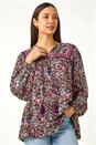 Purple Floral Print Tie Front Top, Image 4 of 5