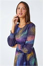 Purple Feather Print Belted Midi Dress, Image 4 of 5