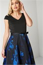 Royal Blue Jacquard Flared Cold Shoulder Dress, Image 3 of 5