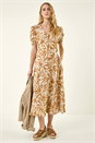 Camel  Abstract Print Button Midi Dress, Image 2 of 5
