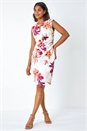 Ivory Floral Print Ruched Shift Bodycon Wrap Dress, Image 1 of 5