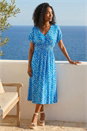 Blue Abstract Floral Zig Zag Print Midi Dress, Image 1 of 4
