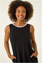 Black Floral Trim A-Line Stretch Dress, Image 4 of 5