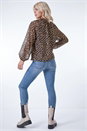 Camel  Leopard Print Metallic Detail Tie Neck Top, Image 3 of 5