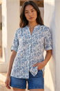 Blue Petite Print Button Up Front Blouse , Image 1 of 4