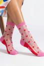 Pink Hearts Stripes Combed Cotton Sheer Pop Socks in Pink, Image 1 of 3