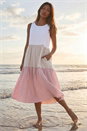 Light Pink Colour Block Tiered Linen Blend Midi Dress, Image 2 of 4