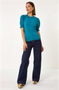 Teal Puff Sleeve Buttoned Knit Top, Image 2 of 5