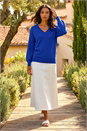 Royal Blue Plain Stretch V-Neck Longline Jumper, Image 1 of 4