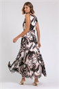 Beige Abstract Print Pleated Chiffon Maxi Dress, Image 2 of 5