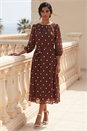 Chocolate Polka Dot Chiffon Pleated Midi Dress, Image 2 of 4