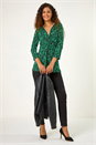 Green Leaf Print V-Neck Twist Front Top, Image 2 of 5