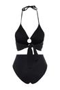 Black Halterneck Ring Detail Ruched Bikini Set, Image 3 of 4