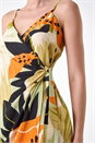 Khaki Leaf Print Strappy Wrap Midi Dress, Image 5 of 5