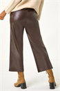 Chocolate Faux Leather Wide Leg Crop Trousers, Image 3 of 5