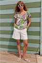 Pink Leaf Print V-Neck Stretch Top, Image 2 of 4