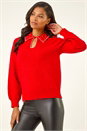 Red Faux Pearl Collared Keyhole Knit Jumper, Image 4 of 5