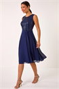Navy Sequin Bodice Betlted Chiffon Dress, Image 1 of 5