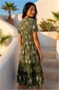 Khaki Petite Floral Print Shirred Midi Dress , Image 3 of 4