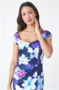 Navy  Premium Stretch Floral Ruched Frill Hem Dress, Image 4 of 5