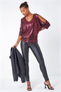 Red Cold Shoulder Sequin Stretch Top , Image 1 of 5