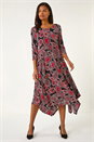 Red Leaf Print Hanky Hem Stretch Midi Dress, Image 1 of 5