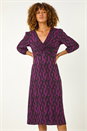 Magenta Geometric Print Twist Front Midi Dress, Image 2 of 5