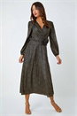 Black Metallic Star Print Corsage Midi Wrap Dress, Image 1 of 5
