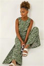 Khaki Leaf Print Linen Blend Wide Leg Trouser, Image 1 of 5