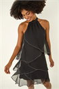 Black Sequin Trim Tiered Halterneck Dress, Image 1 of 5