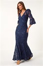 Navy  Lace Scallop V-Neck Bodycon Maxi Dress, Image 2 of 5